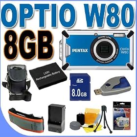 Pentax Optio W80 Waterproof 12.1MP Digital Camera w/ 5x Wide Angle TSR Optical Zoom (Azure Blue) BigVALUEInc 8GB Waterproof Accessory Saver Bundle