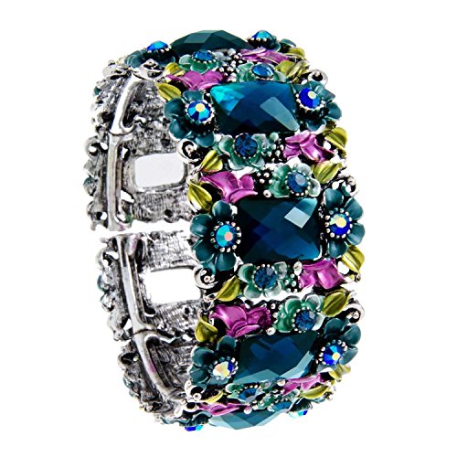 PammyJ Teal Blue Acrylic and Glass Flower Hinged Bangle Bracelet