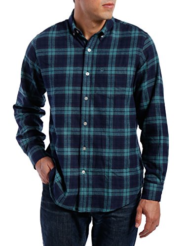 Mens 100% Cotton Flannel Shirt - [Navy-Green Plaid]- Medium