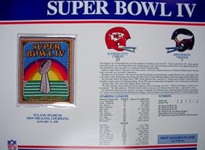 Official Super Bowl IV patch with statistics card