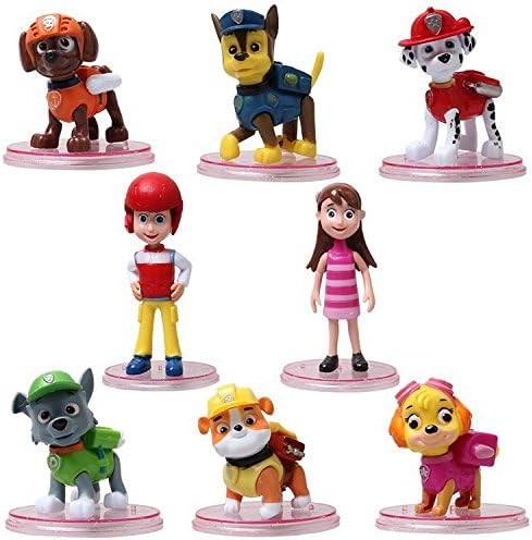 Kids Toys 8pcs/set Puppy PATROL Dogs MINI Action Figures Play Set with Ryder, Marshall, Chase, Skye, Zuma Puppy Patrol For Children Boy Gift (with plate)