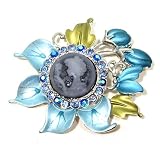 Blue Austrian Rhinestone Tulip Flower Lady Cameo Silver-Tone Brooch Pin