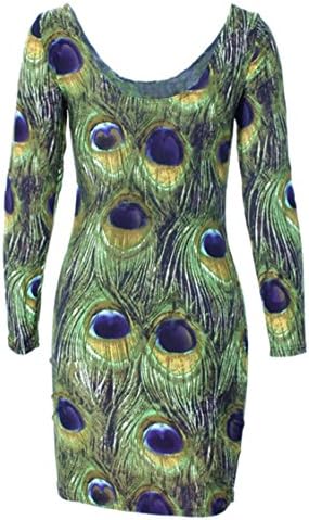 Animal Peacock Feather Printed Midi Bodycon Dress(Green,XL)