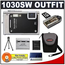 Olympus Stylus 1030SW 10.1MP Digital Camera with 3.6x Optical Wide Angle Zoom (Black) + 4GB Memory Card + Spare Battery + Accessory Kit