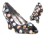 Black Multicolor Polka Dots Satin Peep Toe High Heel Wedges Size 7