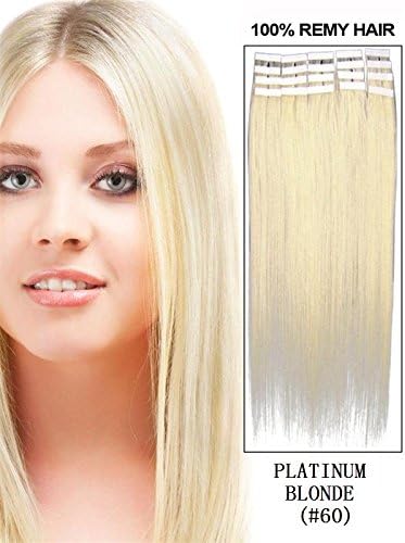 20 Pcs 16" 18" 20" 22" 24" Inches Remy Pu Tape Skin Weft 100% Human Hair Extensions 19 Colors (22" 60g 20pcs, #60 platinum blonde)