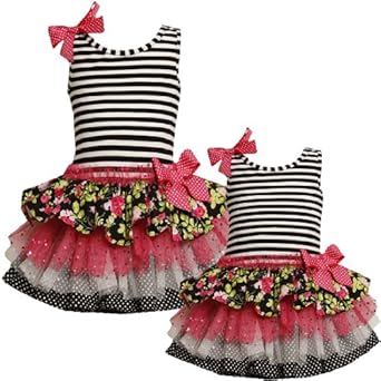 Bonnie Jean TODDLERS 2T-4T FUCHSIA-PINK BLACK WHITE STRIPED MULTI TIERED MIX-PRINT DROP WAIST Special Occasion Girl Party Dress