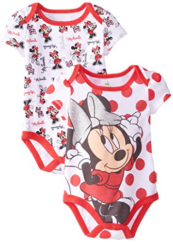 Disney Baby Girls  Disney Minnie Mouse 2 Pack Bodysuit, Red, 3-6 Months
