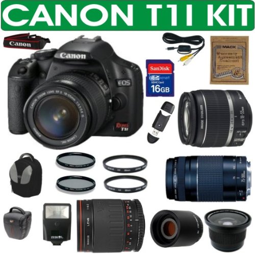 BRAND NEW CANON REBEL T1I (IMPORT) + CANON 18-55mm IS LENS + CANON 75-300mm ZOOM LENS + VIVITAR 500mm MIRROR LENS + 2X TELECONVERTER LENS + .40X SUPER WIDE ANGLE FISHEYE LENS + 16GB HIGH SPEED MEMORY CARD CLASS 10 + MACK 3 YEAR WORLDWIDE WARRANTY