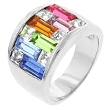 White Gold Rhodium Bonded Light Multi-Color Alternated Princess and Bagat Shaped Swarovski Crystal in Silver Tone in Sizes 5-10 with 15 Total Carat Weight