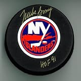 Mike Bossy Autographed Islanders Puck w/ "HOF" #1