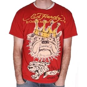 ED HARDY by Christian Audigier Mens Tattoo Bulldog Tiger Handshake T-Shirt Tee Top Red