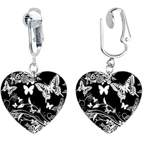 Handcrafted Heart BW Flight of the Butterfly Clip On Earrings
