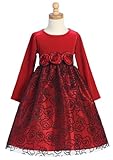 IMAGE OF Red Holiday Dress with Black Stretch Velvet Bodice and Black Flocked Tulle Overlay Accent and Sash - Size 7