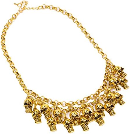Vintage Golden Lots of Skull Skeleton Double Chain Pendant Bib Statement Necklace