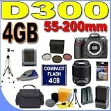 Nikon D300 12.3MP Digital SLR Camera with Nikon 55-200mm f/4-5.6G ED AF-S DX Zoom-Nikkor Lens PLUS 4GB Compact Flash Memory Card - Extra Lithium Ion Battery - Rapid External Battery Travel Charger - 3 Piece Filter Kit - Deluxe Padded Carry Case - Full Size Tripod - D300 (25432) BigVALUEInc Accessory Saver Bundle + MORE!