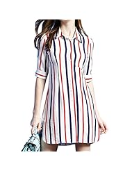 Cotton Elbow Length Sleeves Summer Striped Print  Dress