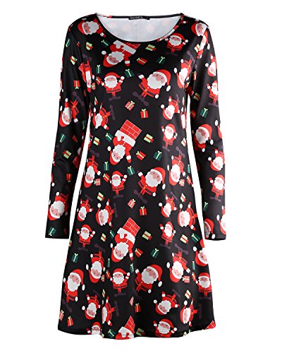 OUGES Women's Long Sleeve Christmas Print Xmas Gifts Casual Dress