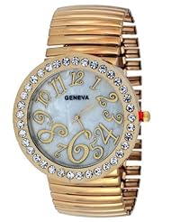 Geneva Womens Gold Jumbo Stretch Band Watch with Baguette Stones Bezel