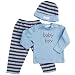 Elegant Baby Chocolate w/ blue dots 3-piece fashion set; legging, long sleeve tee and cap, small 0-6