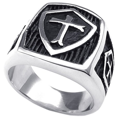 KONOV Mens Stainless Steel Ring, Vintage Shield Cross, Silver Black