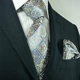 Landisun 89K Blue Gray Novelty Pattern Mens Silk Tie Set:Tie+Hanky &Plastic Hook