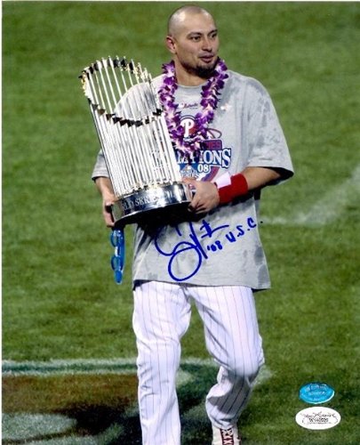 Shane Victorino Autographed/Hand Signed 8x10 Photo (Philadelphia Phillies World Series Trophy) JSA