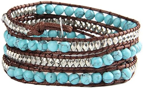 UNIONTOP Natural Turquoise Bead Genuine Leather Bracelet, 4 Wraps, 6mm/bead