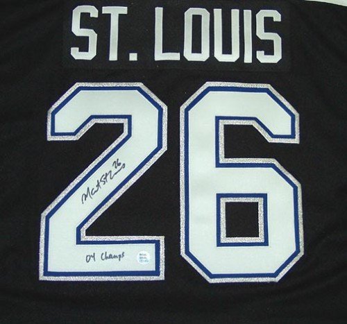 Martin St. Louis Autographed/Hand Signed Tampa Bay Lightning Black Jersey with 04 Champs Inscriptio
