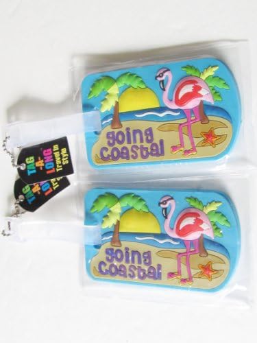 Set of Two Travel Luggage Tags Travel (Going Coastal) with a Pink Inflatable Quilted Neck Travel Pillow and a Mesh Bag