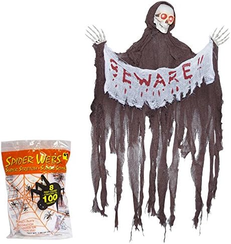 Animated Halloween Prop Scary Sound Activated Grim Reaper with Beware Banner and Spider Webbing Decoration 35 Inches