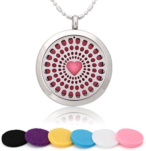 Aromatherapy Essential Oil Diffuser Necklace, Stainless Steel Heart Pendant with 6 Color Felt Pads, 24"