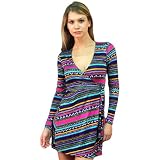 Multi Color Purple Low Cut Long Sleeve Wrap Abstract Print Dress