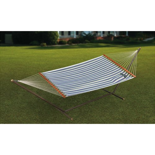Outdoor Patio Fabric Hammock and Stand Set - Blue/ White