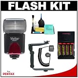 Vivitar High Power Auto Flash DF-383 with Bounce & Swivel Head + Bracket + Off-Camera Cord + (4) AA Batteries & Charger + Cleaning Kit for Pentax K-7, K-5, K-R, K20D, K200D, K2000 Digital SLR Cameras
