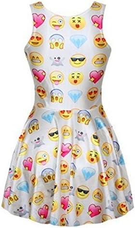 Women's Emoji Smile Print Tank Pleated Knee-length Dress White I