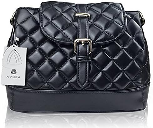 Avber Womens Pure Color Lattice Stiching Bucket Shape Metal Chain Handbag Shoulder Bag Crossbody Bag Black