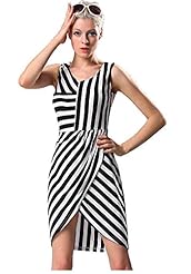 Polyester Spring Summer Striped Print Asymmetric  Dress