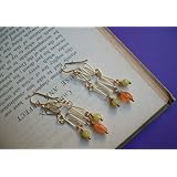 Handcrafted Chandelier Earrings- Green Serpentine Stone, Orange Quartz, Gold