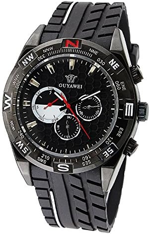 New Men's Casual Black Analog Skeleton Silicone Band Mechanical Wrist Watch Military Wrist Watches Black