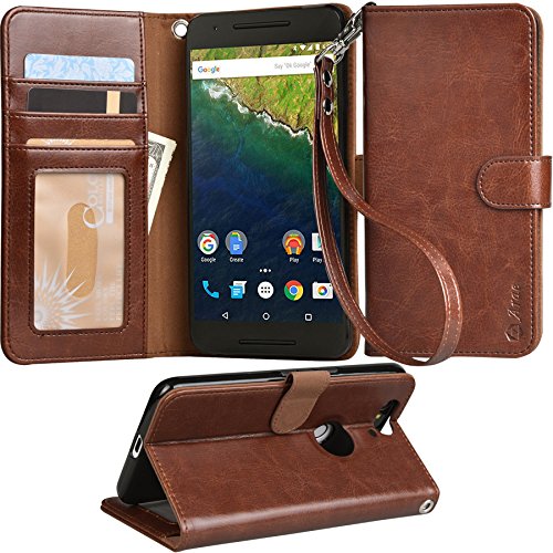Nexus 6P case, Arae Huawei Nexus 6P wallet case,[Wrist Strap] Flip Folio [Kickstand Feature] PU leather wallet case with ID&Credit Card Pockets for Google Nexus 6P (Brown)