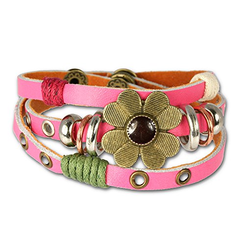 SilberDream leather bracelet pink with rivets and a flower for female, teens and girls genuine leather LA2913P