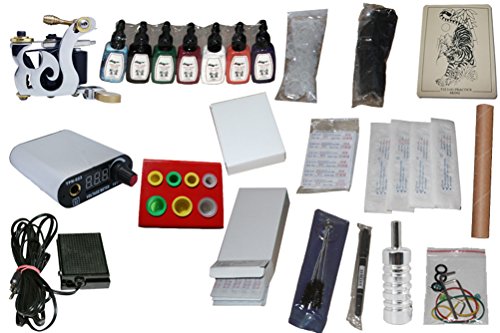 Generic Complete Tattoo Kit 1 Machine Guns+Needles+Grip Set Equipment Power Supply 7 Color Ink