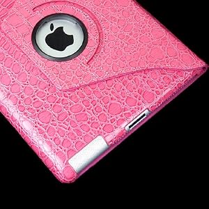 360 Degrees Rotating Stand (Pink Crocodile) Leather Smart Cover Case for Apple iPad 2 with Wake/Sleep Function (giftbox packaging)