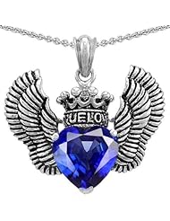 Genuine TRUE LOVE (tm) 925 Sterling Silver Created Sapphire Heart With Crown and Angel Wings Pendant