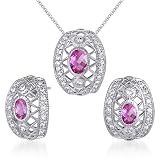 Elegant & Chic 2.00 carats Oval Shape Created Pink Sapphire Pendant Earrings Set in Sterling Silver