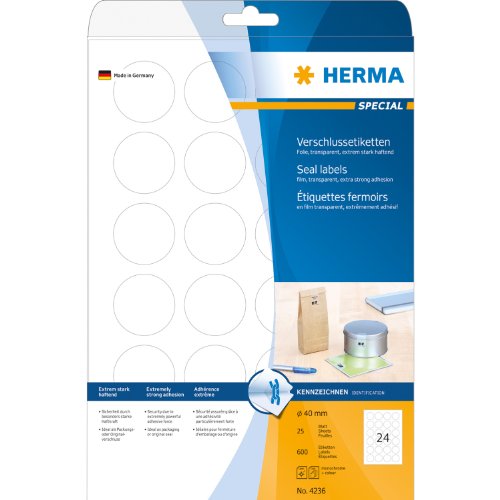 Herma Verschlussetiketten A4 4236 &Oslash;40 mm rund extrem stark haftend Folie matt 600 St&uuml;ck tr Preisvergleich