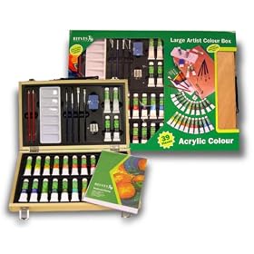 Large Acrylic Color Painting Set Is Filled with Art Materials In A Convenient Wood Carrying Case