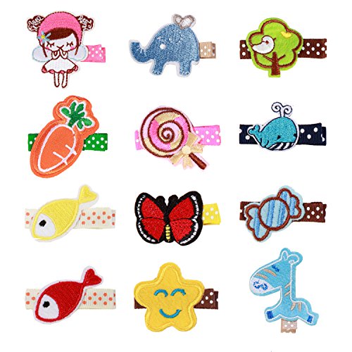Shemay 12pcs Embroidered Hair Clips Barrettes with Designs for Baby Girls Toddlers Kids Barrettes
