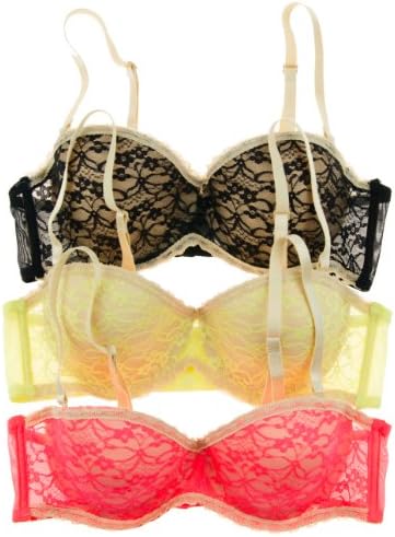 3 Pack Convertible Bra with All Over Lace Overlay and Mesh Straps (38C, Black/Yellow/N.Coral)